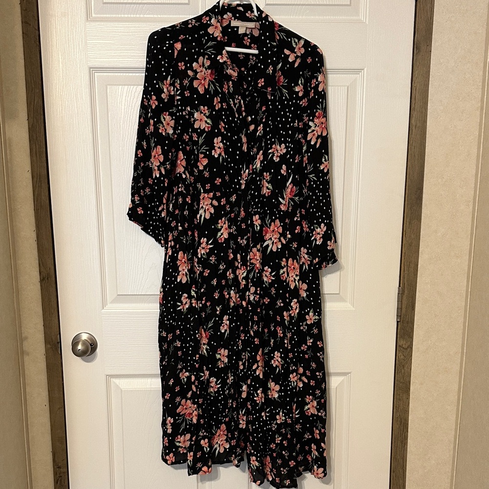 Woman Within Floral Long Sleeve Dress - Black and Pink